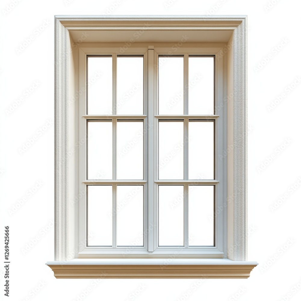A classic white window with grid design, featuring six panes and a decorative frame, set against a white background. A classic white window with grid design, featuring six panes and a decorative frame, set against a white background.