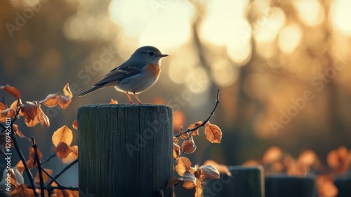 Bird perched on a wooden post surrounded by autumn colors in the golden hour ...
