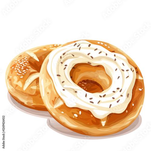 Bagel with cream cheese, 2D flat vector illustration, isolated on a white background.

