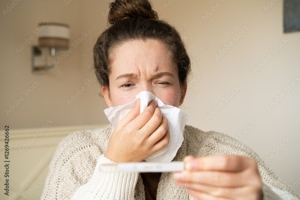 Woman sick unwell wrinkled her face looking at a thermometer suffering from a viral infection. Female with fever flu cold disease and runny nose using a handkerchief. Healthcare of Coronavirus. Covid. Woman sick unwell wrinkled her face looking at a thermometer suffering from a viral infection. Female with fever flu cold disease and runny nose using a handkerchief. Healthcare of Coronavirus. Covid.
