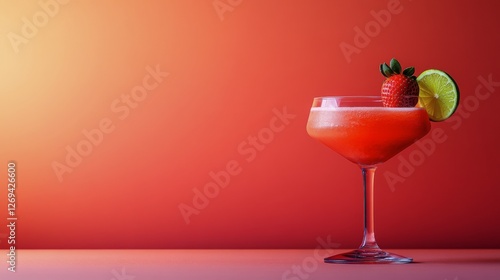 Refreshing fruit cocktail garnished with lime and strawberry against a vibran...