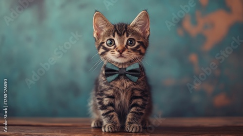 Cute tabby kitten wearing a bow tie poses adorably on a wooden surface agains...