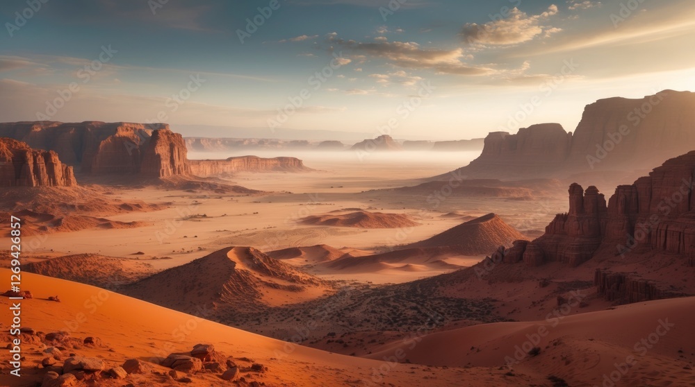 Naklejka premium Stunning Desert Landscape Sunrise Sand Dunes and Rock Formations