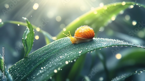Golden snail glistens in sunlight on a leaf, surrounded by sparkling drops of...