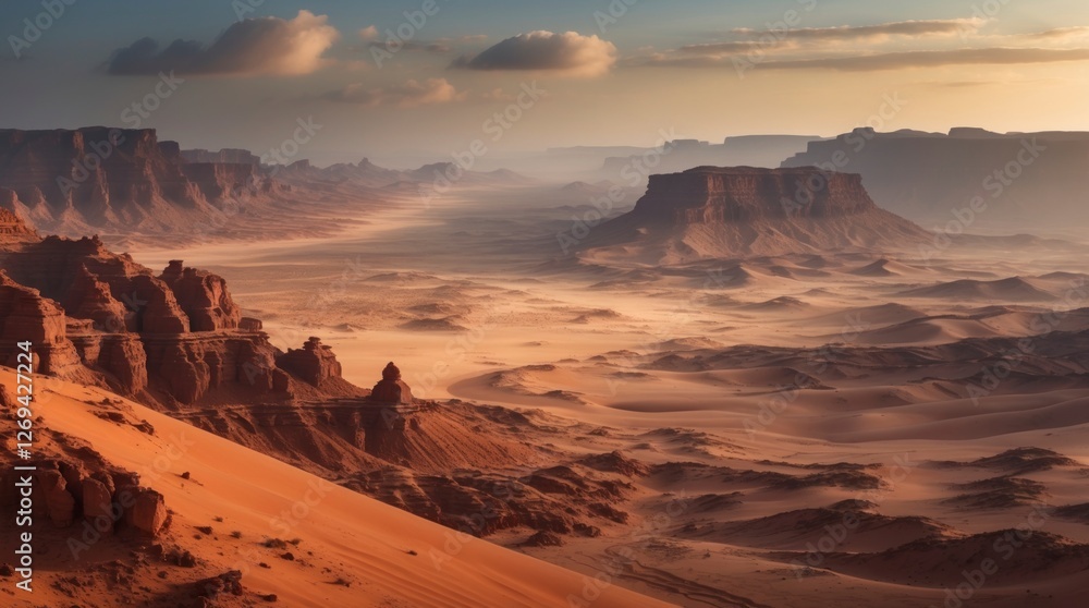 Naklejka premium Majestic Desert Landscape Sunset Sand Dunes and Rock Formations