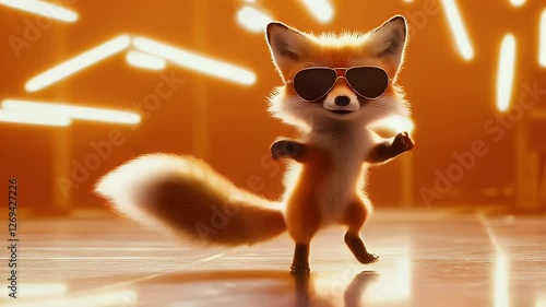 A stylish fox wearing sunglasses dances confidently under dynamic stage lights. A fun, energetic, and trendy scene perfect for entertainment, party vibes, and animated character content.