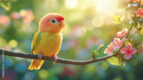 Colorful parrot perched on branch surrounded by blooming flowers in a sunny g...