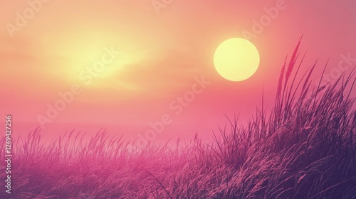 Vibrant sunset illuminating tall grass against a colorful sky at dusk