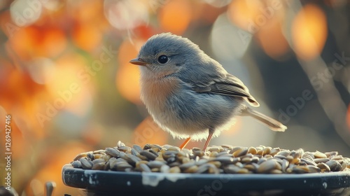 Bluebird perched on a feeding station surrounded by autumn leaves at sunset