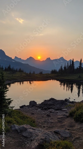 Sunset over a tranquil lake surrounded by mountains with vibrant colors refle...