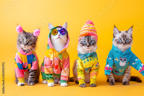 Adorable cats dressed in colorful outfits on yellow background