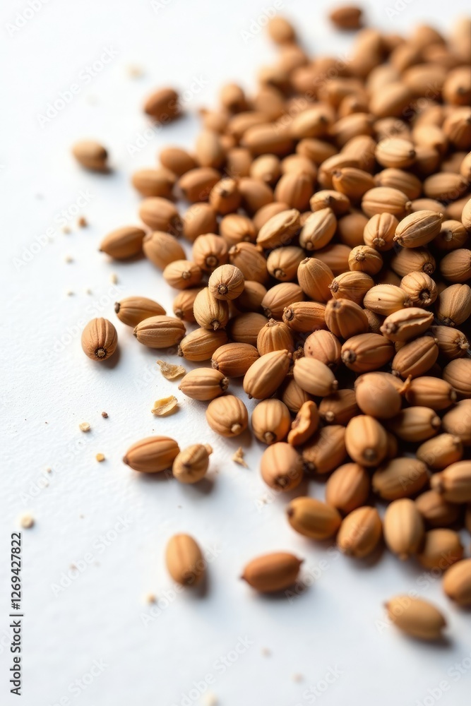 Brown seeds and dry husks scattered on white surface, nature, seeds Brown seeds and dry husks scattered on white surface, nature, seeds