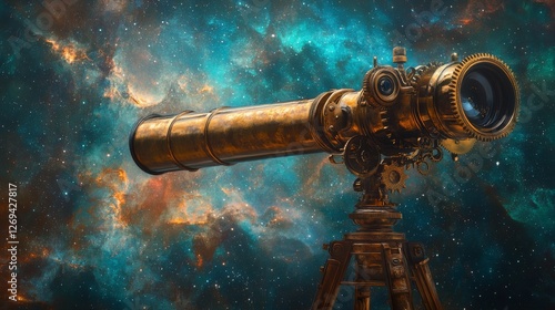 Telescope observing distant galaxies in a vibrant cosmic setting