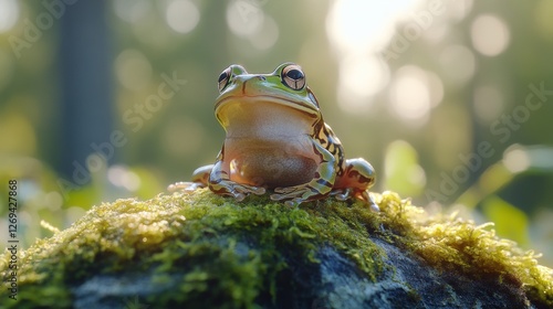Bright orange frog perched on moss in a serene forest setting during twilight