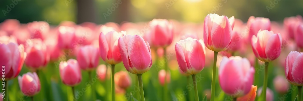 A field of pink and white tulips swaying gently in the breeze, flowers, spring A field of pink and white tulips swaying gently in the breeze, flowers, spring