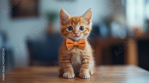 Cute tabby kitten wearing a bow tie poses adorably on a wooden surface agains...