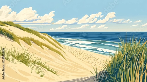 Wallpaper Mural Scenic view of sandy dunes and ocean waves under a bright sky with clouds at a coastal location Torontodigital.ca