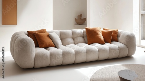Modern living room with stylish sofa and indoor plants in bright, natural light