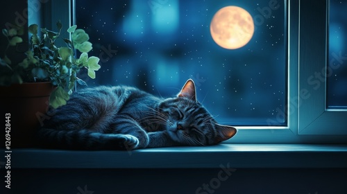Cat peacefully sleeping by a window under a glowing moonlit night