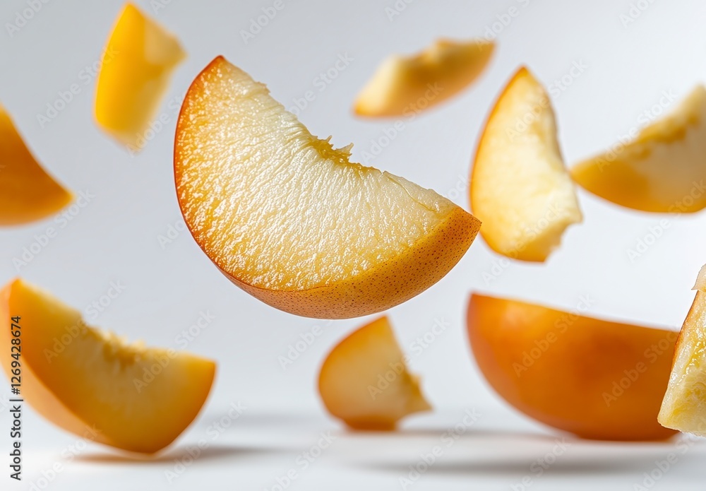 Multiple slices of ripe, golden yellow fruit levitate against a bright white background. The fruit pieces showcase a slightly speckled texture and Multiple slices of ripe, golden yellow fruit levitate against a bright white background. The fruit pieces showcase a slightly speckled texture and