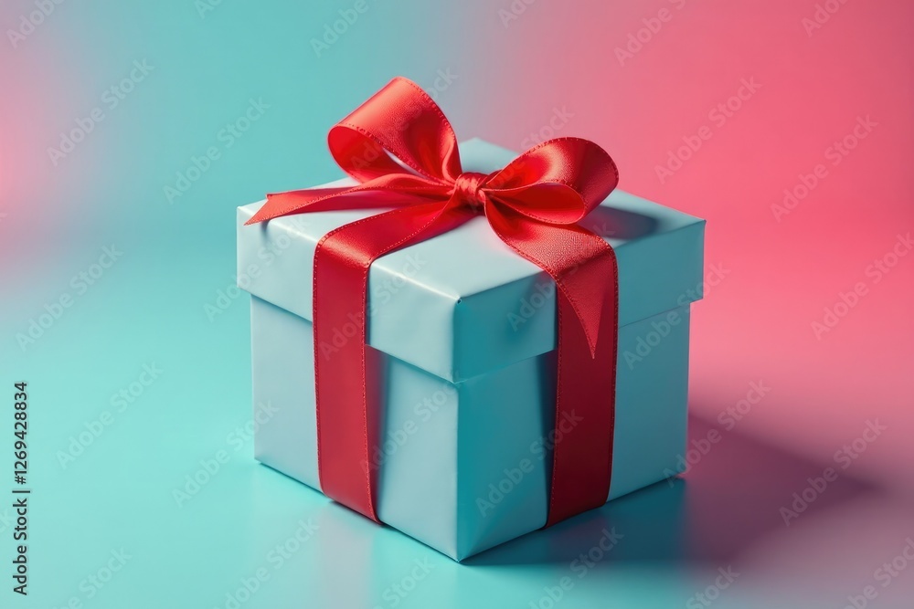 Brightly colored gift box with a red ribbon tied around it perfectly, wrapped gift, present box, birthday gift Brightly colored gift box with a red ribbon tied around it perfectly, wrapped gift, present box, birthday gift