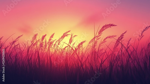 Vibrant sunset illuminating tall grass against a colorful sky at dusk
