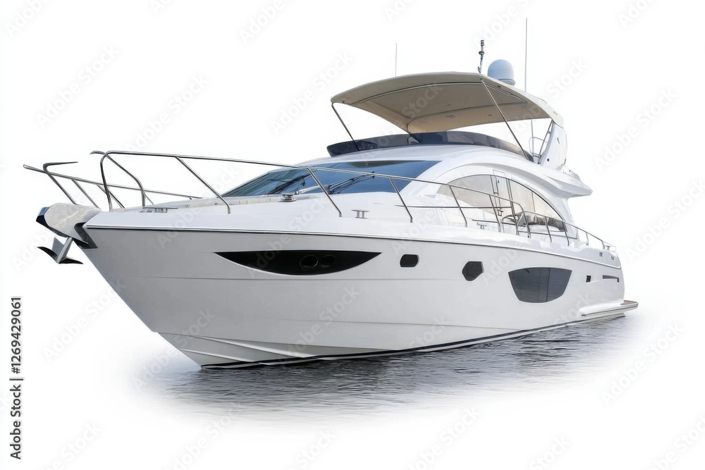 A luxurious white yacht with a sleek design and spacious deck, resting on calm water. The boat features large windows and a stylish canopy. A luxurious white yacht with a sleek design and spacious deck, resting on calm water. The boat features large windows and a stylish canopy.