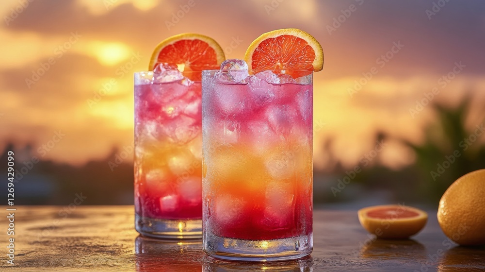 Refreshing sunset beverage with vibrant colors and citrus fruit on a warm evening Refreshing sunset beverage with vibrant colors and citrus fruit on a warm evening