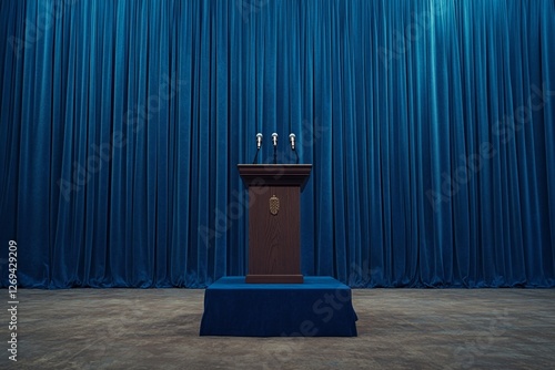 Empty podium with microphones, blue backdrop, press conference setup