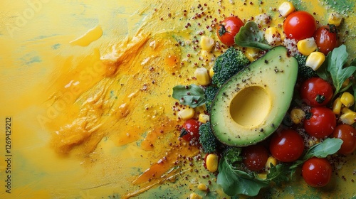 Vibrant avocado and veggies on a bright yellow background highlight fresh pro...