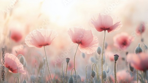 Delicate pink poppies bloom in a sunny meadow during the early morning light