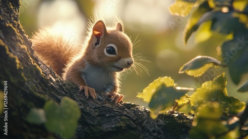 Squirrel perched on branch bathed in soft sunlight among lush green leaves