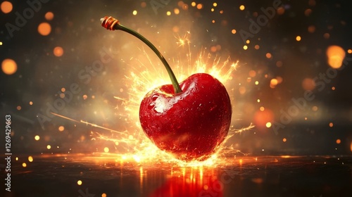 Red cherry explodes with dynamic sparks in a mesmerizing display of light and color