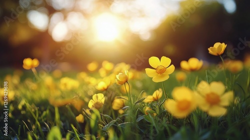 Bright yellow flowers blooming in a sunny meadow during springtime
