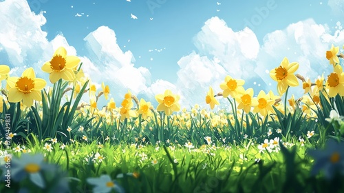 Bright and vibrant daffodils blooming in a lush green field on a sunny spring...