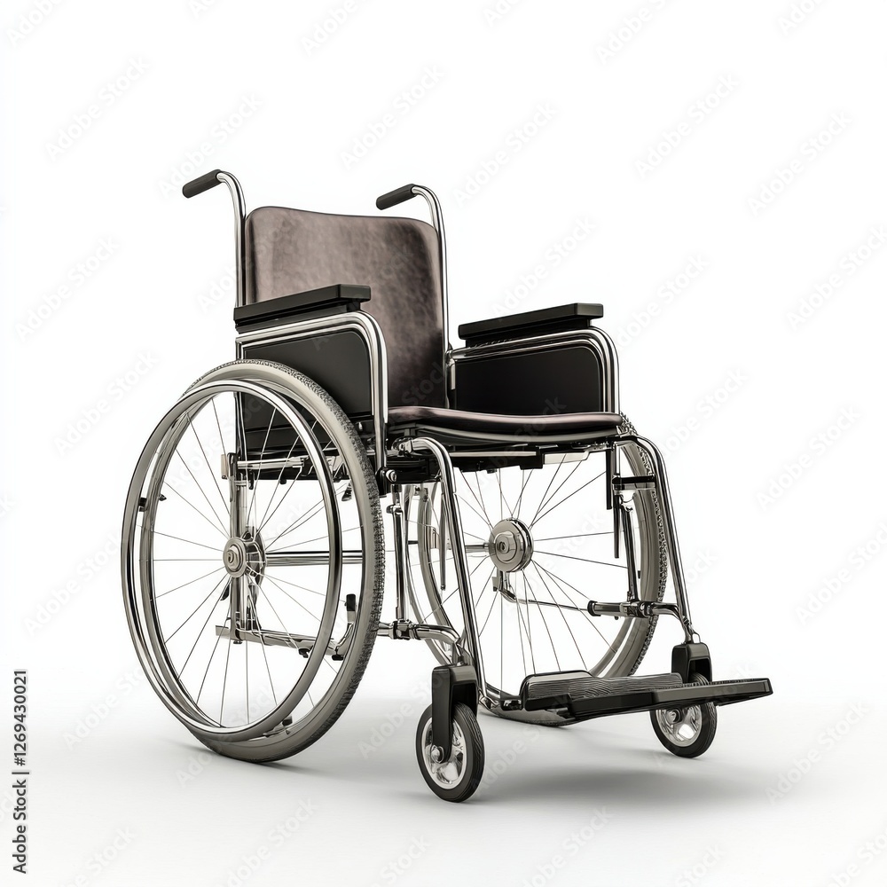 Fototapeta premium A modern wheelchair featuring a chrome frame and black padded seats, positioned on a white background. Its design emphasizes mobility assistance and comfort.