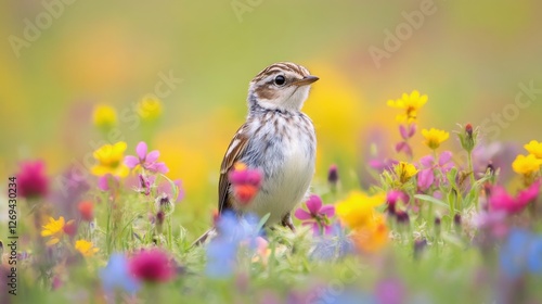 Young bird standing amidst vibrant wildflowers in a colorful meadow during sp...