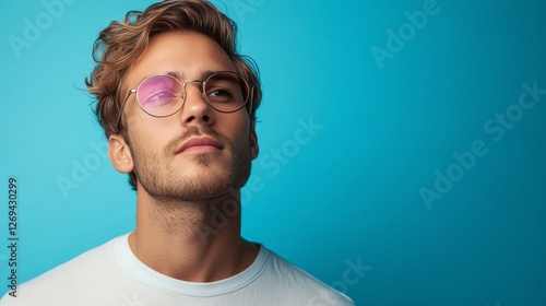 Stylish young man with sunglasses poses confidently in a vibrant pink room