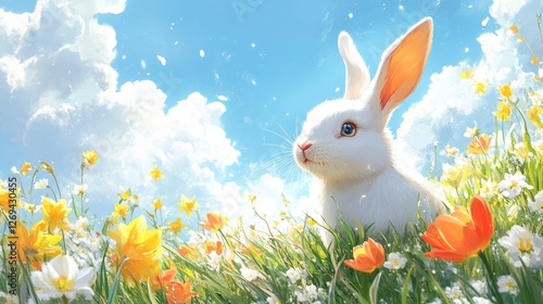 Bunny sits on green grass in spring garden among colorful flowers under brigh...