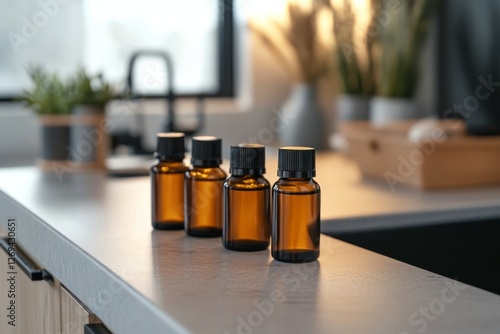 Variety of bottled oils displayed on a wooden counter in a bright kitchen set...