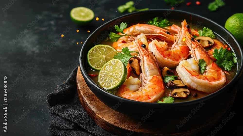 A flavorful shrimp dish served in a black bowl, garnished with lime slices and fresh herbs, evoking a vibrant culinary delight. A flavorful shrimp dish served in a black bowl, garnished with lime slices and fresh herbs, evoking a vibrant culinary delight.