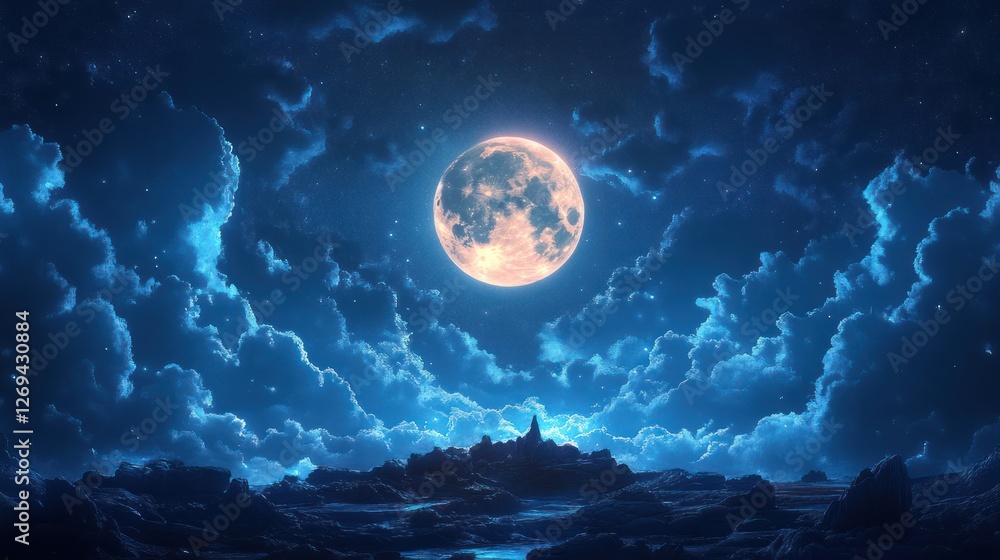 A deep indigo night sky with a glowing full moon, clean and peaceful A deep indigo night sky with a glowing full moon, clean and peaceful