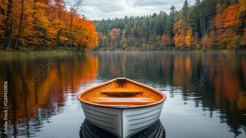 Lakeside autumn reflection with colorful trees and a canoe in serene environment