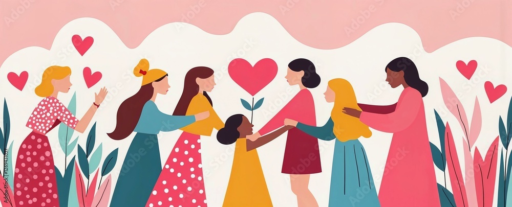 Playful vector illustration of women holding hands in a heart shape symbolizing love and solidarity Playful vector illustration of women holding hands in a heart shape symbolizing love and solidarity