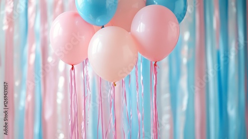 Colorful balloons decorated with ribbons for a cheerful celebration in a part...