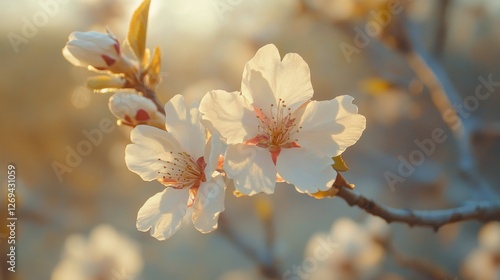 Blossoming cherry flowers illuminated by soft sunset light in a serene garden...