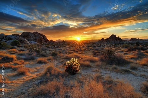 Sunset over rock formations in a desert landscape with silhouettes and a warm...