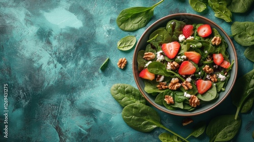 Fresh spinach salad topped with strawberries and walnuts served in a bowl on ...