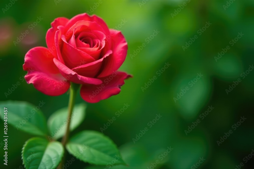 Delicate red rose petals unfolding from lush green branches, horticulture, leafy greens Delicate red rose petals unfolding from lush green branches, horticulture, leafy greens