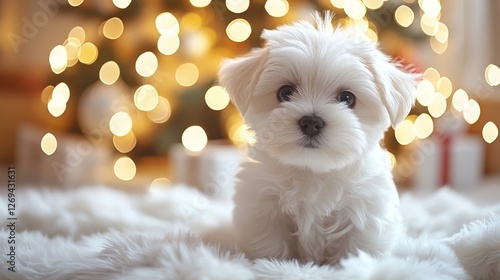 Cute puppy sitting on soft rug with Christmas tree and decorations in the bac...